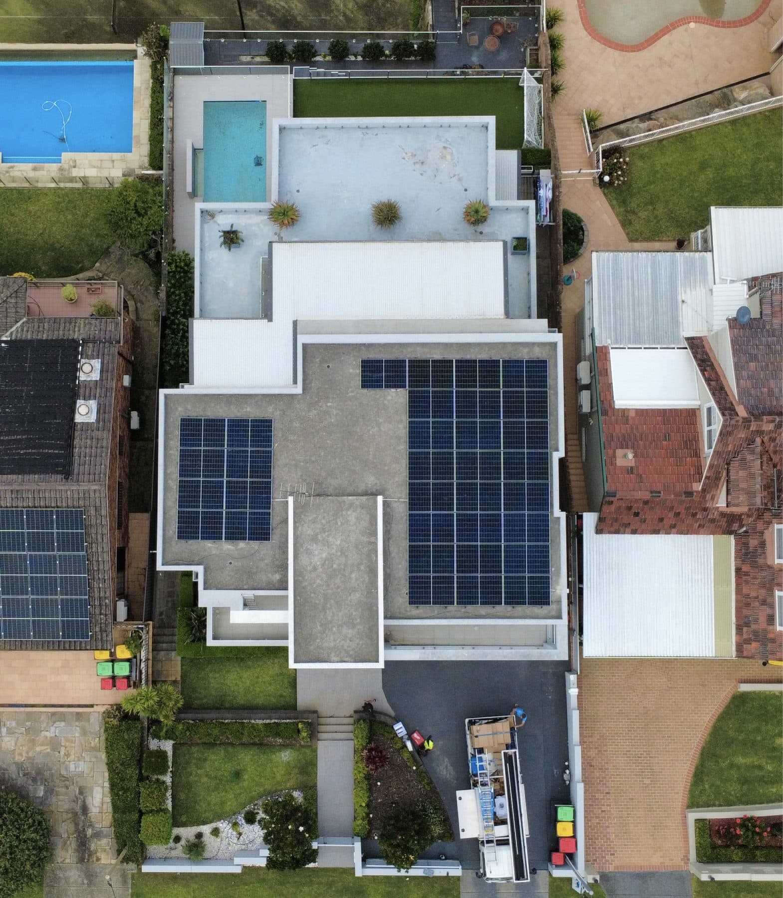 Aerial view of solar panels on a Sydney roof